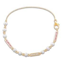 Children's Cultured Pearl, Pink Enamel & Diamond Accent Bracelet 14K Yellow Gold 6"