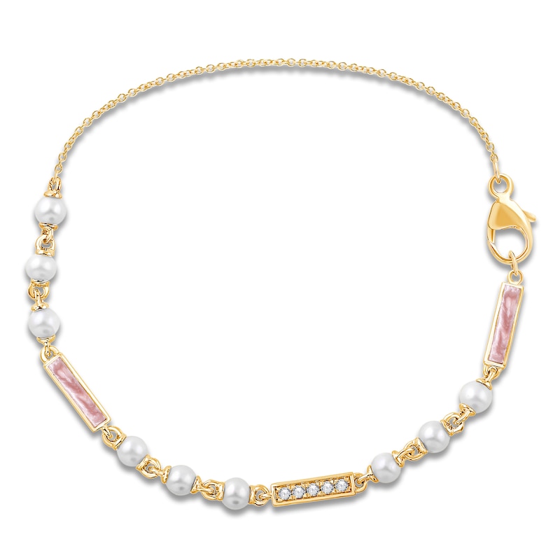 Main Image 1 of Children's Cultured Pearl, Pink Enamel & Diamond Accent Bracelet 14K Yellow Gold 6"