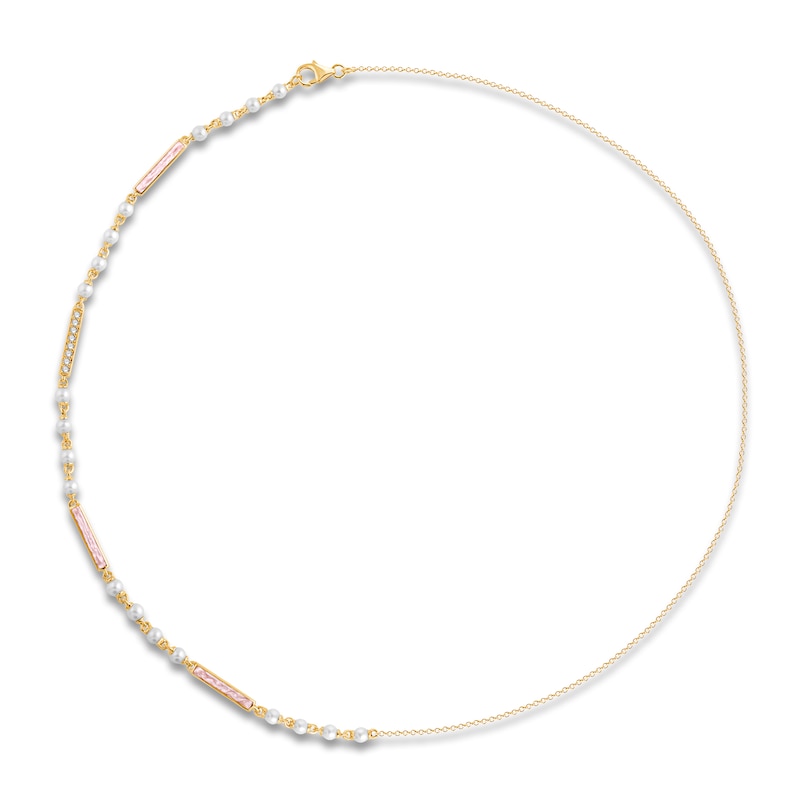 Main Image 1 of Children's Cultured Pearl, Pink Enamel & Diamond Accent Necklace 14K Yellow Gold 13"