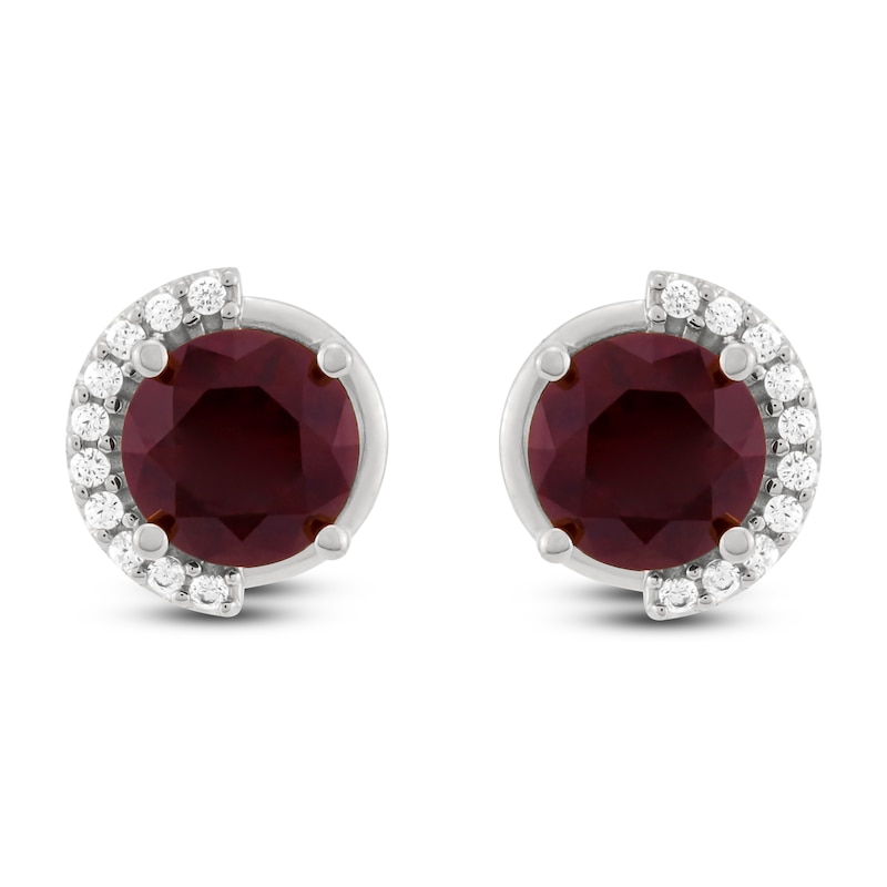 Main Image 1 of Lab-Created Ruby & Diamond Stud Earrings 1/10 ct tw 10K White Gold