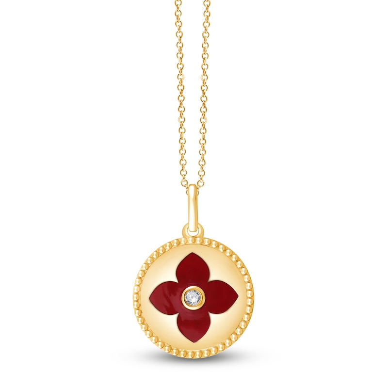 Main Image 1 of Children's Red Enamel Flower & Diamond Accent Locket Necklace 14K Yellow Gold 13"