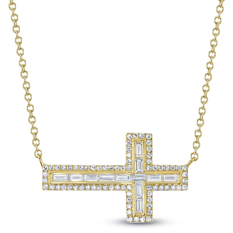 Main Image 1 of Shy Creation Baguette & Round-Cut Diamond Sideways Cross Necklace 1/3 ct tw 14K Yellow Gold 18" SC55007318V2
