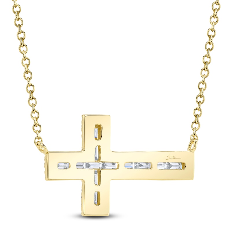 Main Image 3 of Shy Creation Baguette & Round-Cut Diamond Sideways Cross Necklace 1/3 ct tw 14K Yellow Gold 18" SC55007318V2
