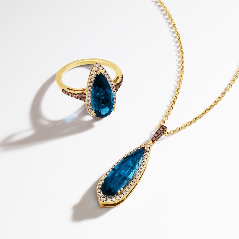 Main Image 4 of Le Vian Silhouette Elongated Pear-Shaped Natural Blue Topaz Necklace 1/3 ct tw Diamonds 14K Honey Gold 19"
