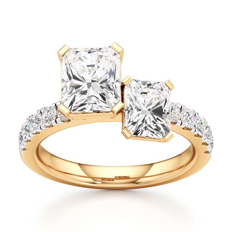 Main Image 1 of J'Lure Radiant Brilliant-Cut Two-Stone Lab-Created Diamond Engagement Ring 3-3/8 ct tw 18K Yellow Gold