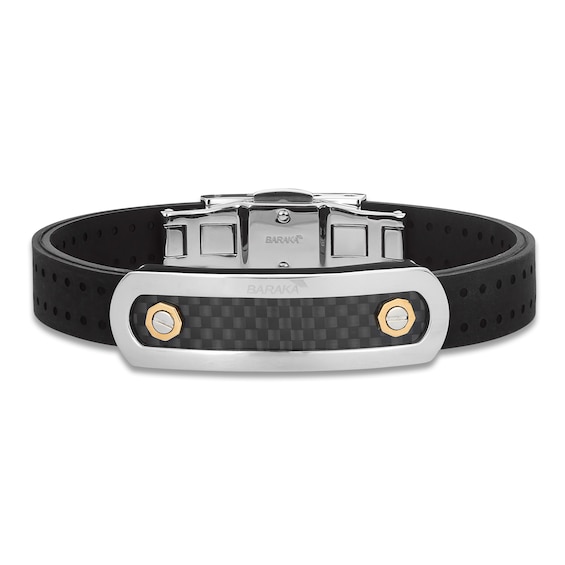 Baraka Men's Rubber Strap Bracelet with Stainless Steel, Carbon Fiber & 18K Yellow Gold 7.75"