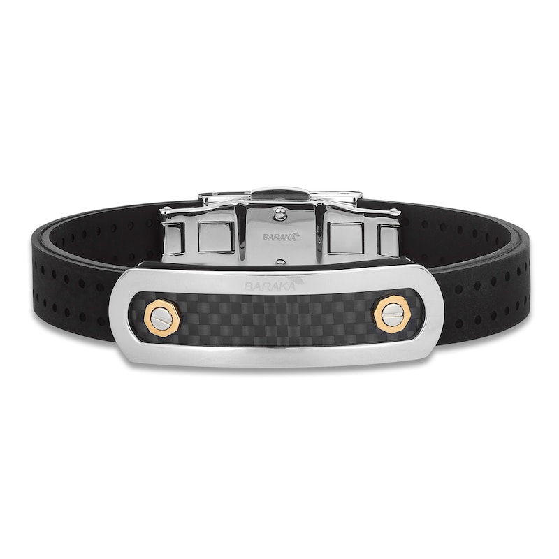 Main Image 1 of Baraka Men's Rubber Strap Bracelet with Stainless Steel, Carbon Fiber & 18K Yellow Gold 7.75"