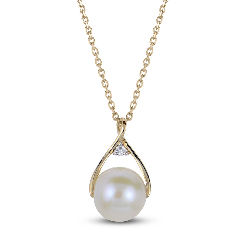 Main Image 1 of Cultured Pearl & Diamond Accent Wishbone Necklace 10K Yellow Gold 18"