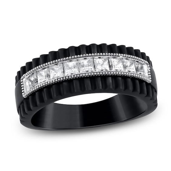 Mens SquareCut Certified Diamond Ribbed Wedding Band 1 ct tw 18K Black Gold  18K White Gold