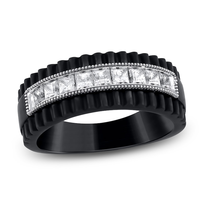 Main Image 1 of Men's Square-Cut Certified Diamond Ribbed Wedding Band 1 ct tw 18K Black Gold & 18K White Gold