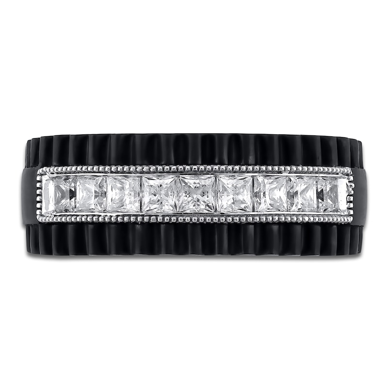 Main Image 2 of Men's Square-Cut Certified Diamond Ribbed Wedding Band 1 ct tw 18K Black Gold & 18K White Gold