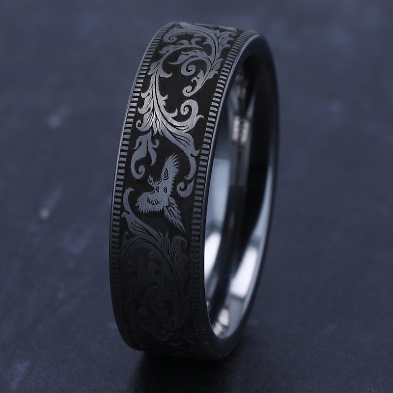 Main Image 4 of Men's Scrollwork & Birds Comfort-Fit Wedding Band Tungsten Carbide 7mm
