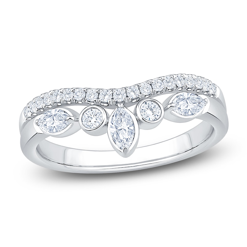 Main Image 1 of Certified Marquise & Round-Cut Bezel-Set Diamond Contour Wedding Band 1/2 ct tw 14K White Gold
