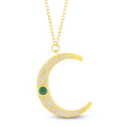 Bezel-Set Natural Emerald & Diamond Crescent Moon Necklace 1/4 ct tw 10K Yellow Gold 18"