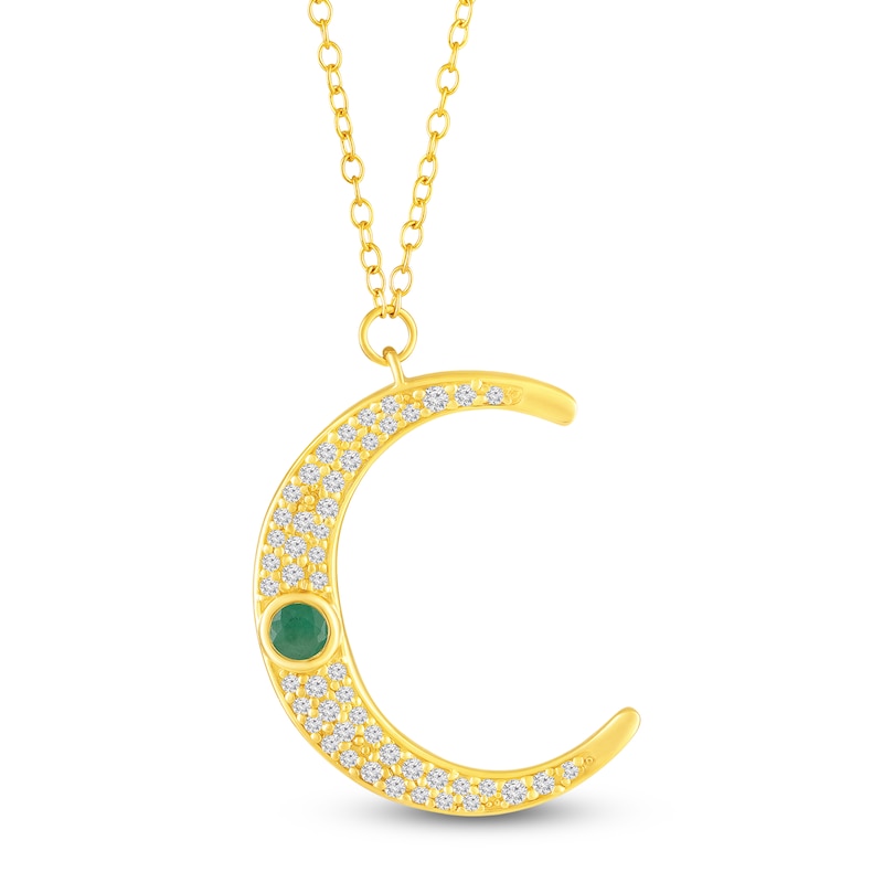 Main Image 1 of Bezel-Set Natural Emerald & Diamond Crescent Moon Necklace 1/4 ct tw 10K Yellow Gold 18"