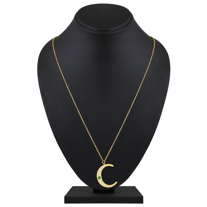 Main Image 5 of Bezel-Set Natural Emerald & Diamond Crescent Moon Necklace 1/4 ct tw 10K Yellow Gold 18"