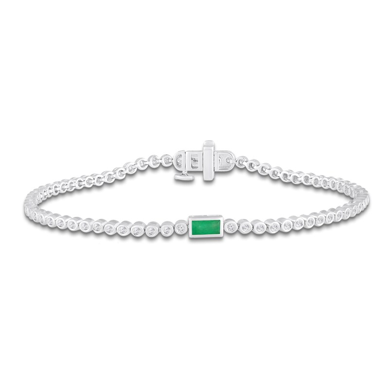 Main Image 1 of Baguette-Cut Natural Emerald & Diamond Bracelet 3/4 ct tw 10K White Gold 7"