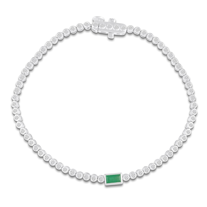 Main Image 2 of Baguette-Cut Natural Emerald & Diamond Bracelet 3/4 ct tw 10K White Gold 7"