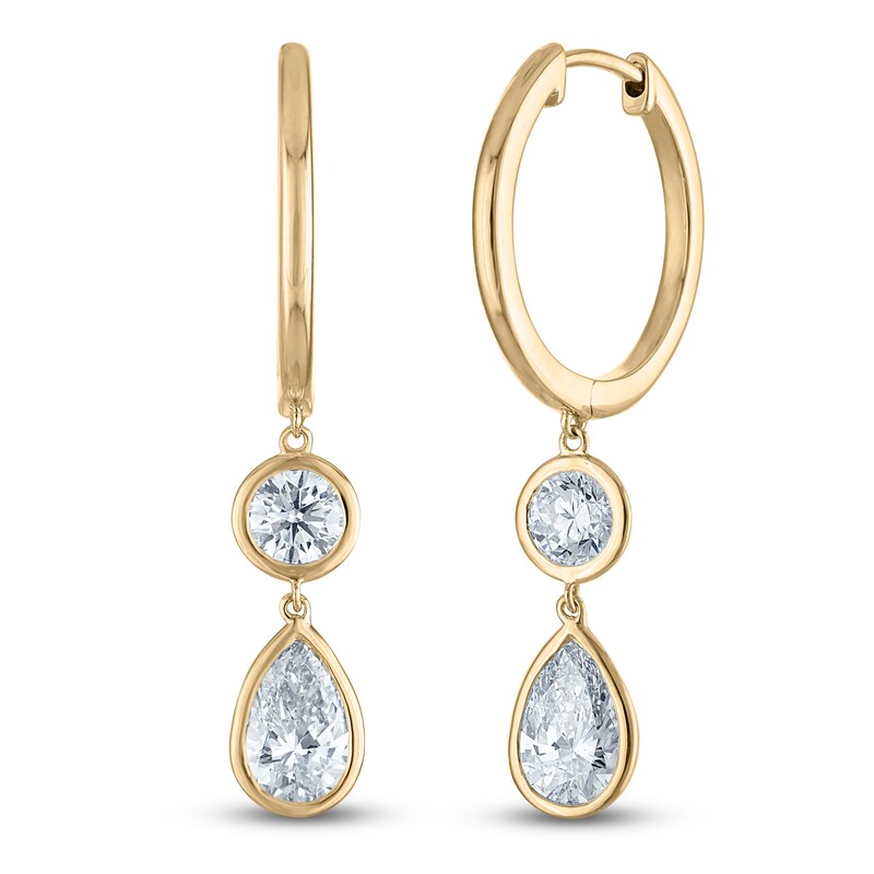 Main Image 2 of Pear-Shaped & Round-Cut Lab-Grown Diamond Bezel-Set Hoop Dangle Earrings 1-1/2 ct tw 14K Yellow Gold