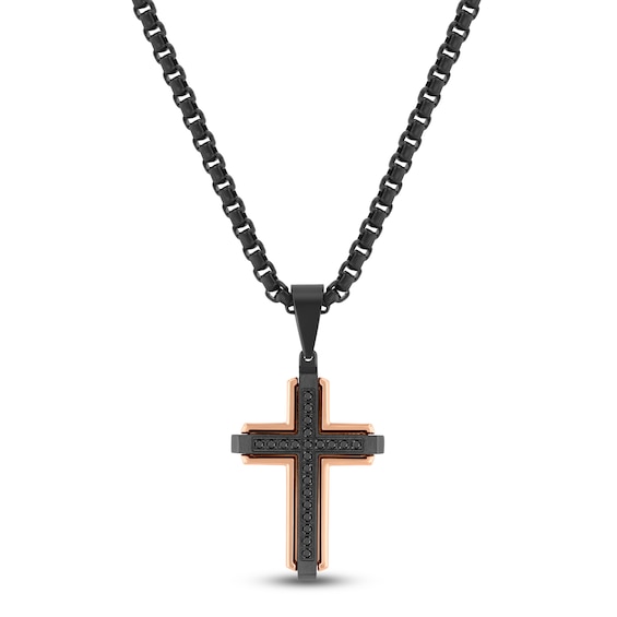 Men's Black Diamond Cross Necklace 1/5 ct tw Black & Rose Ion-Plated Stainless Steel 24"