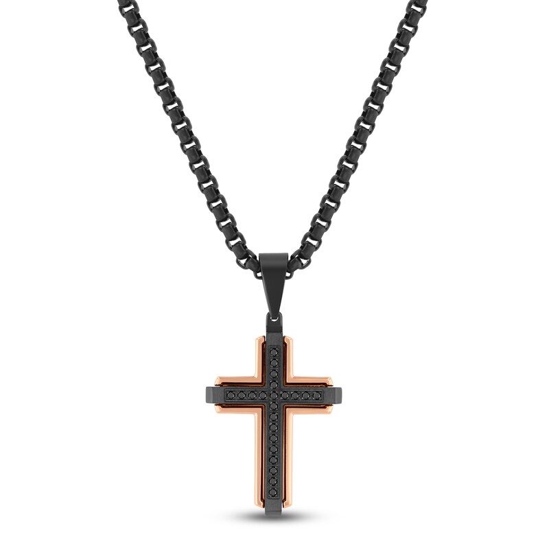 Main Image 1 of Men's Black Diamond Cross Necklace 1/5 ct tw Black & Rose Ion-Plated Stainless Steel 24"