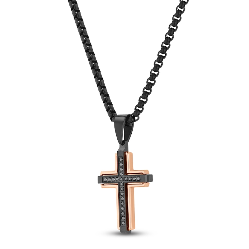 Main Image 2 of Men's Black Diamond Cross Necklace 1/5 ct tw Black & Rose Ion-Plated Stainless Steel 24"