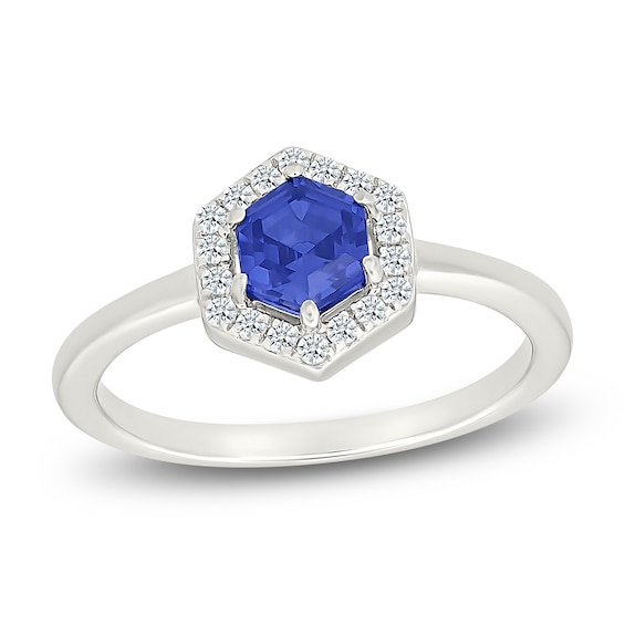 Hexagon-Cut Blue & White Lab-Created Sapphire Halo Ring Sterling Silver
