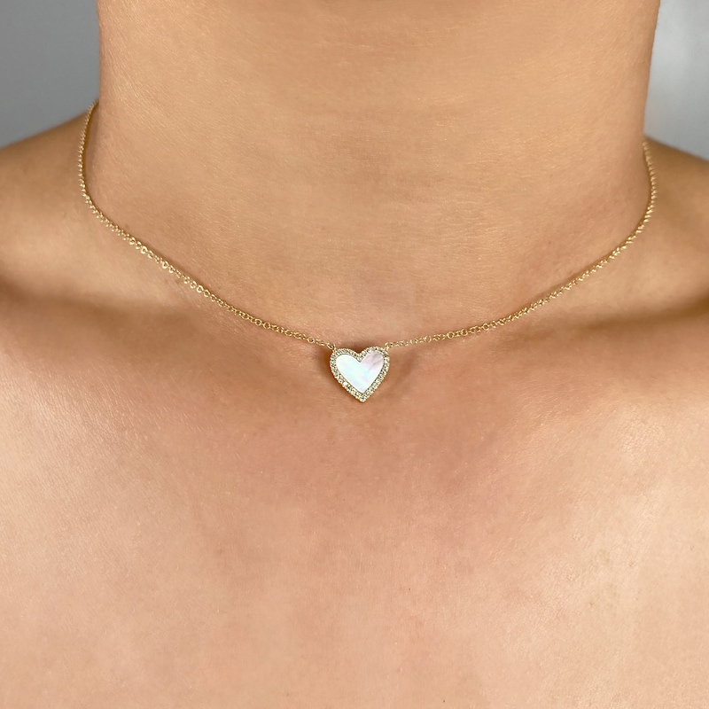 Main Image 4 of Shy Creation Natural Mother-of-Pearl Heart Necklace 1/15 ct tw Diamonds 14K Yellow Gold 18" SC55012462