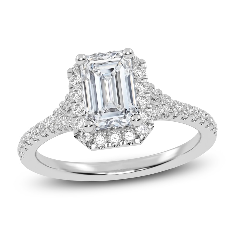 Main Image 1 of Emerald-Cut Lab-Grown Diamond Halo Engagement Ring 1-1/8 ct tw 14K White Gold