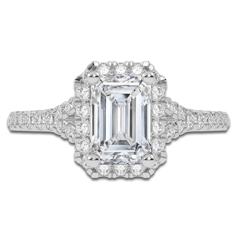Main Image 3 of Emerald-Cut Lab-Grown Diamond Halo Engagement Ring 1-1/8 ct tw 14K White Gold