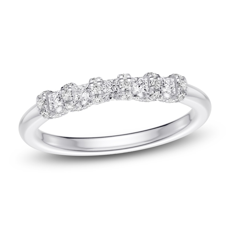 Main Image 1 of Certified Princess & Round-Cut Diamond Scalloped Edge Anniversary Ring 1/2 ct tw 14K White Gold
