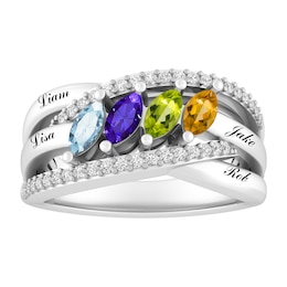 Angled Marquise Birthstone Family & Mother's Criss Cross Ring (2-4 Stones and Lines)
