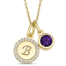 Round Birthstone and Sparkling Accent Stones Disc Necklace (1 Stone and 1 Initial)