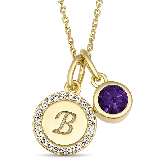 Round Birthstone and Sparkling Accent Stones Disc Necklace (1 Stone and 1 Initial)