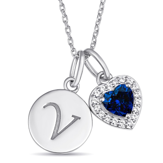 Heart Birthstone and Sparkling Accent Stones Disc Necklace (1 Stone and 1 Initial)