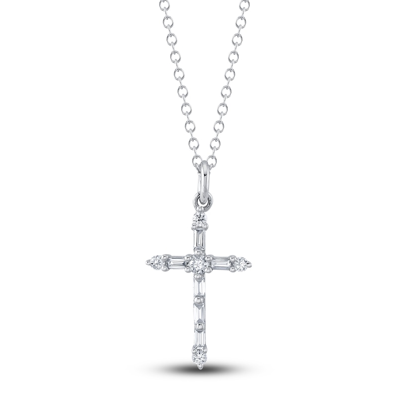 Shy Creation Diamond Cross Necklace 1/8 ct tw Round/Baguette 14K White Gold 18" SC55024396
