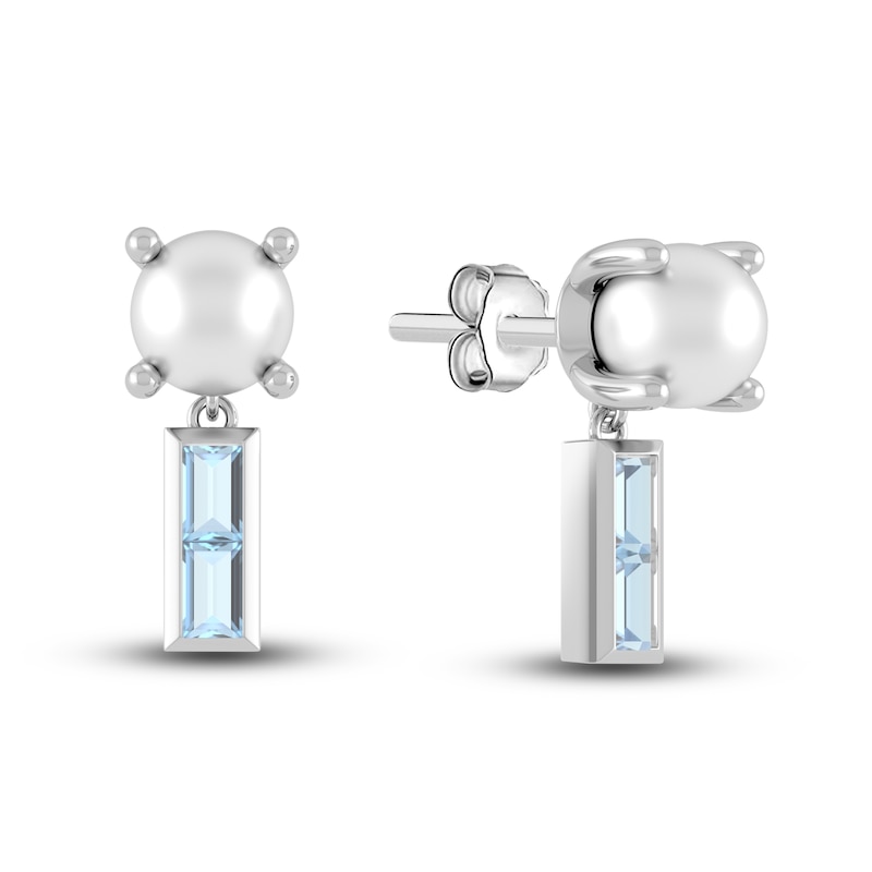 Main Image 1 of Juliette Maison Natural Aquamarine Baguette and Freshwater Cultured Pearl Earrings 10K White Gold