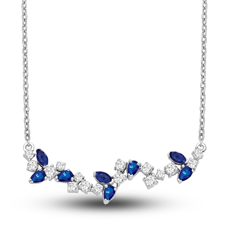 Main Image 1 of Natural Blue Sapphire Necklace 3/8 ct tw Diamonds 14K White Gold 18"