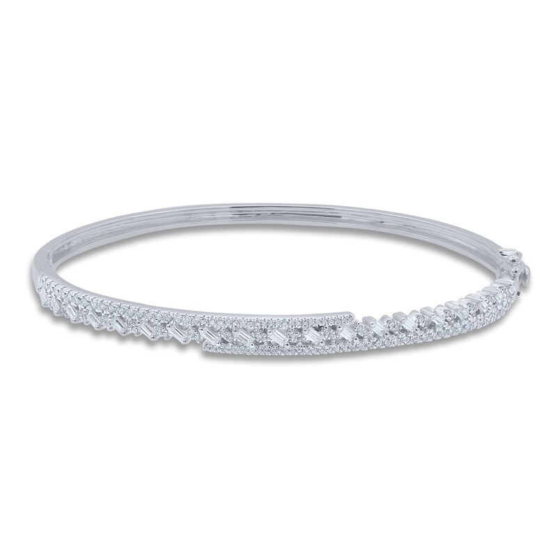 Diamond Bangle Bracelet 1 ct tw Round/Baguette 14K White Gold 7"