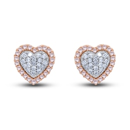 Pink & White Diamond Heart Stud Earrings 1/4 ct tw Round 14K Rose Gold