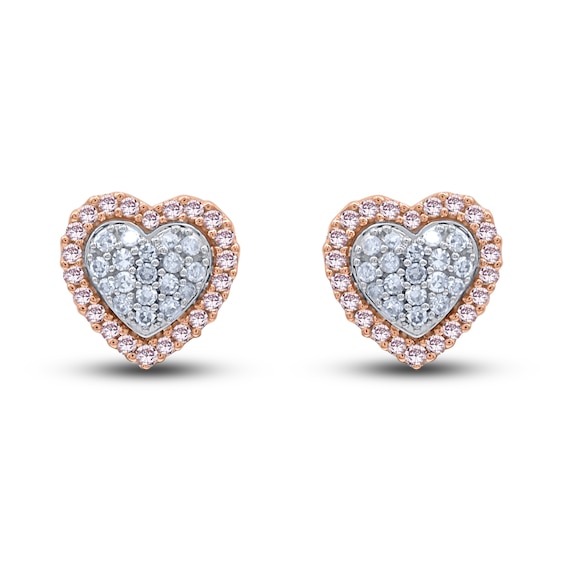 Pink & White Diamond Heart Stud Earrings 1/4 ct tw Round 14K Rose Gold