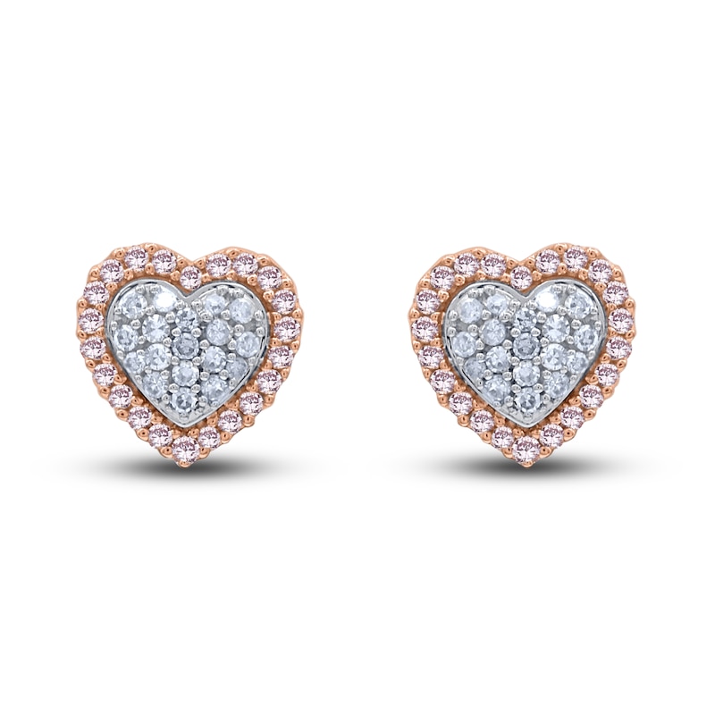Main Image 1 of Pink & White Diamond Heart Stud Earrings 1/4 ct tw Round 14K Rose Gold