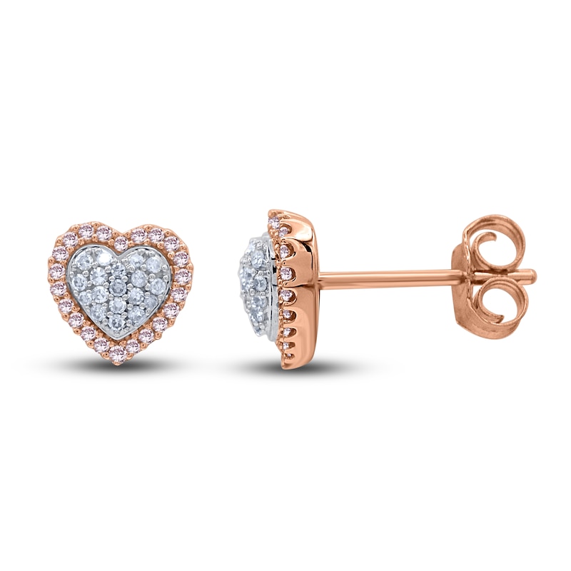 Main Image 2 of Pink & White Diamond Heart Stud Earrings 1/4 ct tw Round 14K Rose Gold