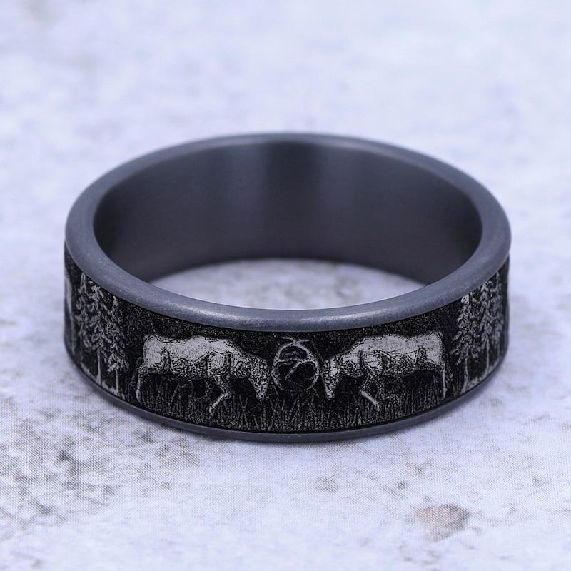 Deer Fight Wedding Band Black Tantalum/Titanium 7.5mm