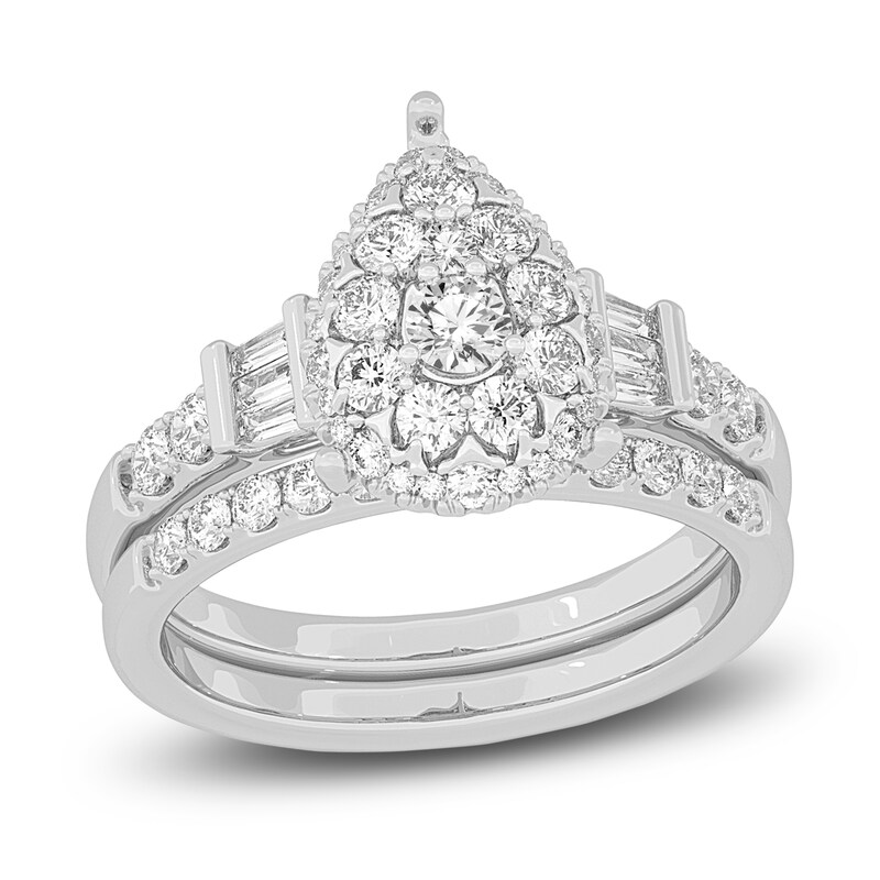 Main Image 1 of Diamond Halo Bridal Set 1 ct tw Round/Baguette 14K White Gold