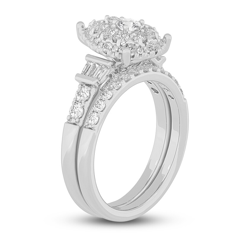 Main Image 2 of Diamond Halo Bridal Set 1 ct tw Round/Baguette 14K White Gold