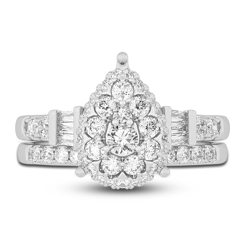 Main Image 3 of Diamond Halo Bridal Set 1 ct tw Round/Baguette 14K White Gold