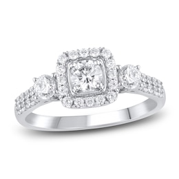Diamond 3-Stone Halo Ring 1-1/6 ct tw Round 14K White Gold