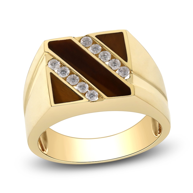 Main Image 1 of Men's Natural Tiger's Eye & Diamond Ring 1/3 ct tw 14K Yellow Gold