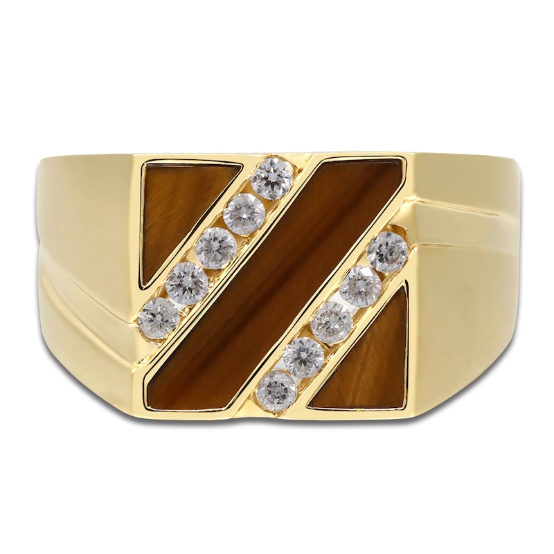 Main Image 2 of Men's Natural Tiger's Eye & Diamond Ring 1/3 ct tw 14K Yellow Gold